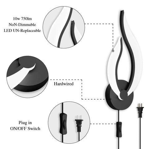 Two In One Install Plug In Wall Sconces Set Of 2 Modern Bedroom Bedside Lamps Industrial Style With On Off Switch Cord 5500K 10W LED Wall Lights