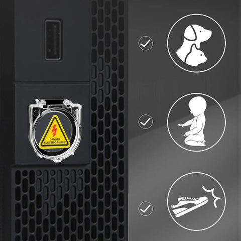 Circle Elevator Power Button Covers Set With Warning Stickers showing safety icons for pets, children, and footwear protection.
