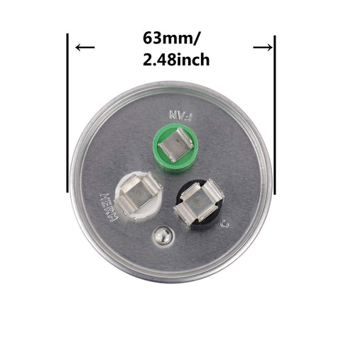 Top view of CBB65 Dual Run Circular Start Capacitor 60 Plus 7.5uF PlusMinusSixPercent 370 to 440V AC with three terminals shown