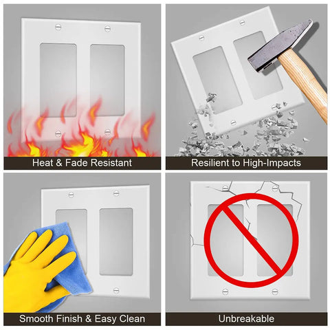 Durable 2-Gang Wall Plate Covers 4 Pack for Light Switches and Outlets, White Polycarbonate, heat resistant, impact resilient