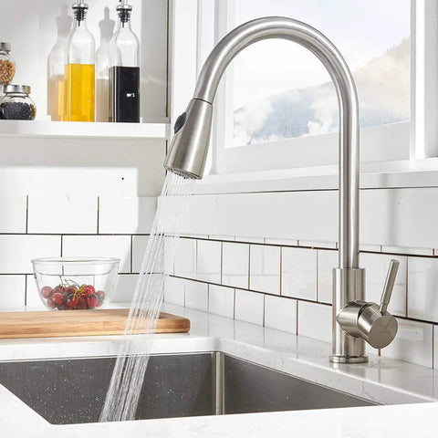 Brushed Nickel Kitchen Faucet With Pull Down Sprayer, Stainless Steel Modern High Arc Single Lever, One Hole Install, no Deck Plate