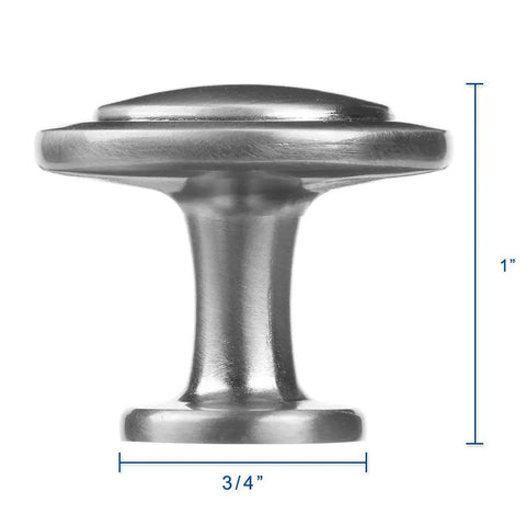 Side view of a single knob from the 50 Pack Brushed Satin Nickel Kitchen Cabinet Knob Set With Dope Modern Round Pulls For Drawers And Dressers.