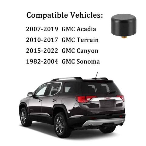 Chevy GMC Cadillac Ford Lincoln Buick Mercury Antenna Delete Cap Cover with compatible vehicles list and SUV in background.