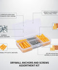 All Purpose Wall Anchors And Screws Kit with yellow plugs and stainless steel screws in storage box for hollow and solid walls.