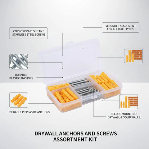 All Purpose Wall Anchors And Screws Kit with yellow plugs and stainless steel screws in storage box for hollow and solid walls.