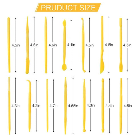 14 Piece Clay Carving Set For Pottery And Sculpting DIY Plastic Polymer Modeling Tools Kit With Comfortable Grips Ideal For Newbies Perfect For Carving Molding Embossing showing tool sizes varying from 4.1 to 4.8 inches