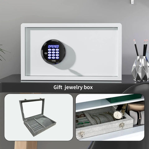 Heavy Duty Solid Steel Electronic Safe Box With RFID Access For Home on black surface with keypad and gift jewelry box insert
