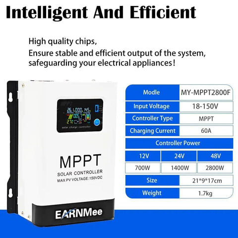 60A MPPT Solar Charge Controller With 18-150VDC Input, Adjustable 12V/24V/48V Output, product specifications and features
