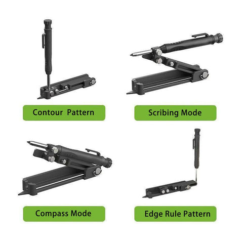 Heavy Duty Aluminum Scribing Tool With Upgraded Lock Mechanism For Precise Layout Marking showcasing different modes including contour and compass.