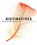 Cover of 'Distinctives' book with Dare To Be Different slogan, featuring an orange feather illustration on white background.