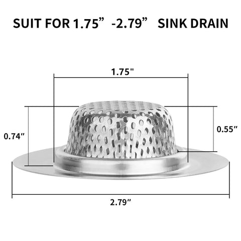 Two Pack Stainless Steel Bathtub Drain Strainers With Deep Basket Design Hair Catcher for 1.75 to 2.79 Inch Holes dimensions