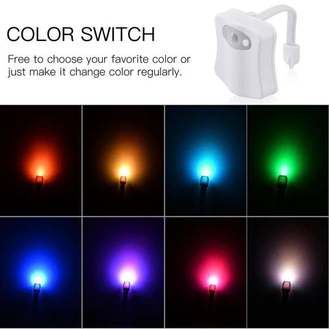 Color switch of Toilet Night Light With Motion Sensor And LED 9 Color Modes Auto On In The Dark Brighten Your Bathroom For Late Night Pee Breaks Funny Novelty Gag Gift For Men Dad Kids Toddlers, showing 8 different LED colors.