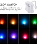 Toilet Night Light Motion Sensor LED Lamp 2 Pack 8 Color Changing Bathroom Nightlight with multiple color modes displayed.