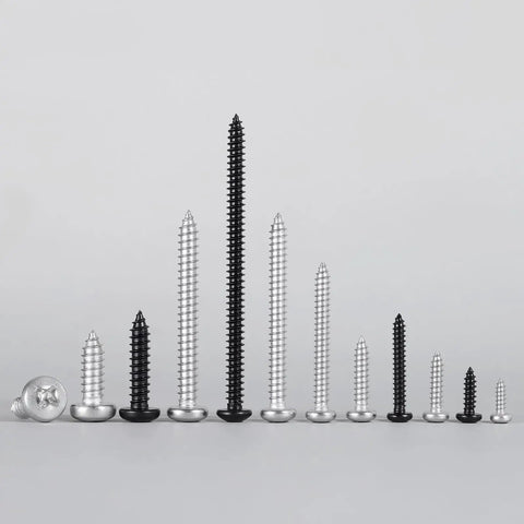 Heavy Duty Size 10 X 1 Inch Pan Head Wood Screws, 120 Pack 304 Stainless Steel Self Tapping Sheet Metal Fasteners displayed in various sizes.