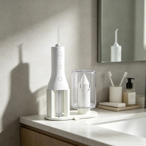 Water Flosser Stand Drying Rack For Cordless 3000 Series With Elevated Drainage on bathroom countertop next to sink mirror.