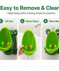 Cute Green Frog Potty Urinal For Toddlers Featuring Playful Aiming Target, showing easy cleaning steps with removable insert.
