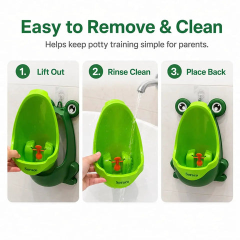 Cute Green Frog Potty Urinal For Toddlers Featuring Playful Aiming Target, showing easy cleaning steps with removable insert.