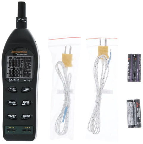 Dual Input Hygro Thermometer Psychrometer For HVAC Pros With Superheat Differential, LCD Screen, 2 Type K Probes, and Batteries