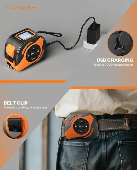 Built Tough 2 In 1 Laser Tape Measure With 197 Foot Range And Bright Green Beam Paired With A Spiffy 16 Foot Dual Sided Manual Tape Featuring Anti Reflective Matte Surface For Crack Free Sight Lines And Serious Job Site Precision