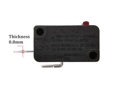 Microwave Oven Door Switch Replacement Part 16A 125VAC Normally Open KW3AT-16 labeled with specifications and size thickness 0.8mm