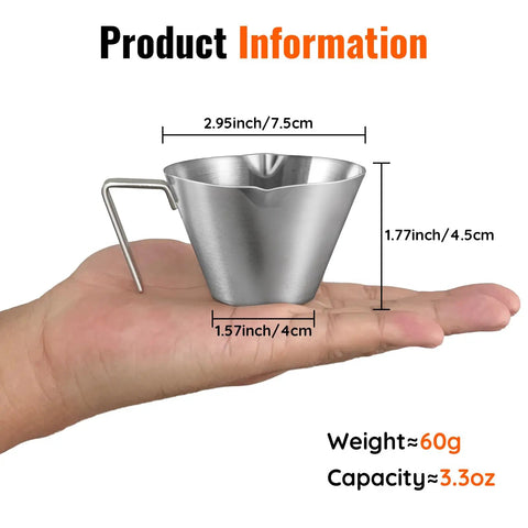 Two Piece Stainless Steel Espresso Cups With Handles And A Pro Pour Double Spout Measuring Cup With Dual Scale V Shaped Mouth