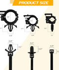 180 Piece Nylon Universal Cable Tie Buckle Set With Push Mount Zip Ties And Wire Loom Routing Clips sizes displayed