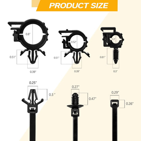 180 Piece Nylon Universal Cable Tie Buckle Set With Push Mount Zip Ties And Wire Loom Routing Clips sizes displayed