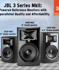 Three JBL 3 Series MkII studio monitors including Two 305P MkII 5 Inch 2-Way Active Studio Monitors with Image Control Waveguide
