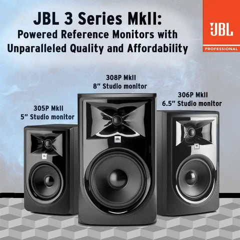 Three JBL 3 Series MkII studio monitors including Two 305P MkII 5 Inch 2-Way Active Studio Monitors with Image Control Waveguide