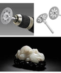 ALLmuis 22mm diamond cutting wheel set for rotary tool; two silver discs with 3mm mandrels and drill chuck visible.