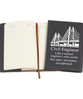 Leather Civil Engineer Notebook with a bridge design, open to lined pages, ideal for students and pros for notes and projects.