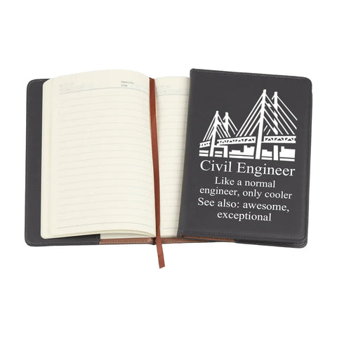 Leather Civil Engineer Notebook with a bridge design, open to lined pages, ideal for students and pros for notes and projects.