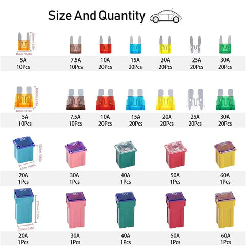 All In One Car Fuses Assortment Kit 250 Piece With Standard And Mini Blade Fuses Variety Chart