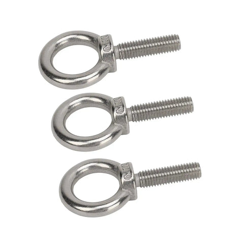 Beefy Stainless Steel Eye Bolts Set For RV And Boat, Heavy Duty Hanger Kit With Washer And Nylon Nut, Easy To Use Lifting Or Hanging Hardware, M10 Size, Ideal For Construction, Vehicles, And Marine Gear., three stainless steel 304 M10 eye bolts