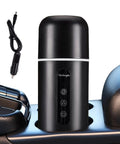 On The Go Electric Travel Mug With Fast Heating Element And Built In Magnetic Stirrer, black stainless steel mug in car cup holder.
