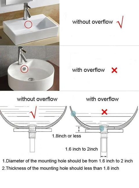 Diagram showing ideal installation for Antique Solid Brass Pop Up Sink Drain Stopper With Overflow and vessel sink compatibility.