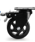 Side view of black 4 inch heavy duty swivel plate caster wheel with brake and 360 degree dual locking, PVC material.