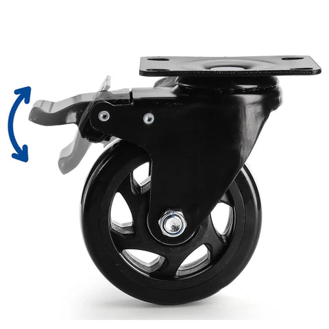 Side view of black 4 inch heavy duty swivel plate caster wheel with brake and 360 degree dual locking, PVC material.