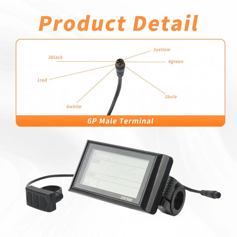 SW900 LCD Display Meter For Electric Bikes And Scooters, Waterproof Connector, 6P male terminal detail shown