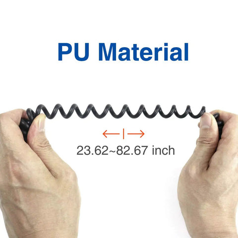 Hands stretching coiled cord of Remote Shoulder Microphone For Ham Radios Waterproof IP54 Speaker Mic With Built In Sealing.