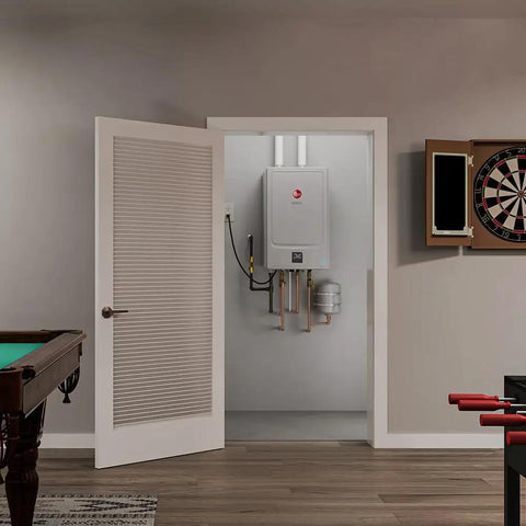 Top Shelf 11.2 GPM Liquid Propane Tankless Water Heater With Indoor Condensing Build installed in a residential closet.