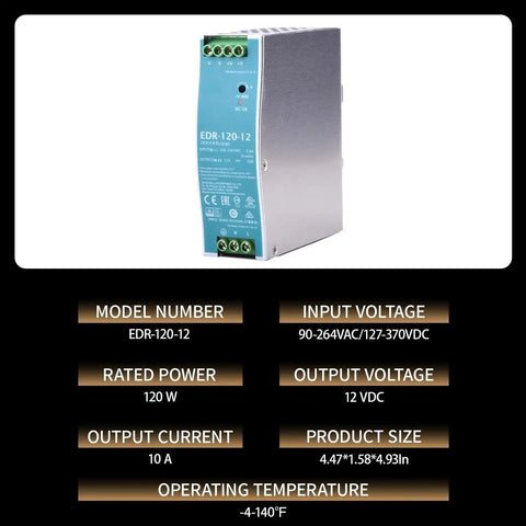 Industrial 12V 120W DIN Rail Power Supply With UL 508 TÜV Certification, Short Circuit And Overload Protection, High Efficiency, Beefy And Reliable For Control Panels And Semiconductors, metal housing, 40 mm wide