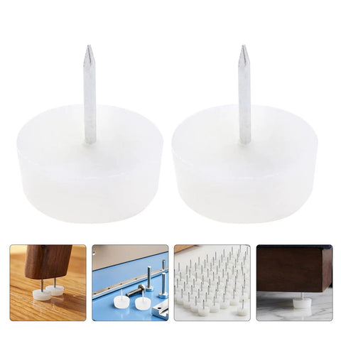 Round Plastic Furniture Sliders For Chairs And Sofas, 0.94 Inch White Floor Protectors with non-slip nails detail view.