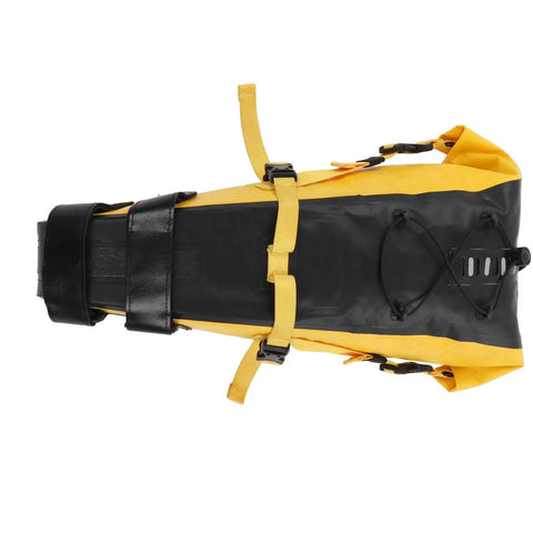 Top view of Bikepacking Saddle Bag 13L Waterproof 500D PVC Cargo Pack with Secure Buckle and Rope Attachment in yellow and black.
