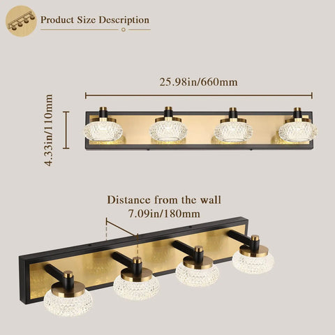 Sleek 4 Light Dimmable Bathroom Vanity Light Fixture Over Mirror, Modern LED Acrylic Wall Lights In Black And Gold, size details