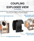 Top Pick Flexible Shaft Coupler Perfect For 3D Printer Builds. Get A Tight Oldham Fit With Smooth Movement. Choose From 8mm Or 10mm Sizes Like A Boss. Upgrade Your Gear Today! exploded view of aluminum and nylon 3D printer shaft coupler