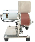 Fafeicy 200W Mini Belt Sander With Adjustable Speed 9000Rpm And Durable Brass Core Motor, side view showing motor and sanding belt.