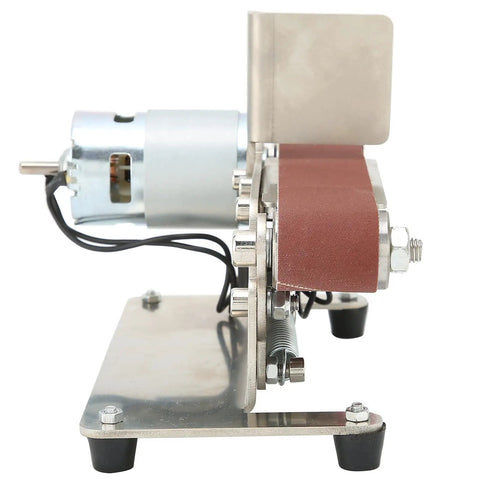 Fafeicy 200W Mini Belt Sander With Adjustable Speed 9000Rpm And Durable Brass Core Motor, side view showing motor and sanding belt.