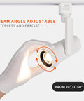 Gloved hand adjusting LED Track Lighting Heads With 24 To 60 Degree Adjustable Beam High Output Budget Friendly 13.5W, 90 CRI