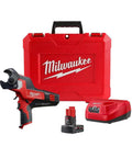 Heavy Duty Cordless Ratcheting Cable Cutter Kit Packs Serious Punch To Easily Rip Through 600 MCM Copper And 750 MCM Aluminum With Low Profile Jaws Built For Cramped Electrical Panels in red carrying case with battery and charger.